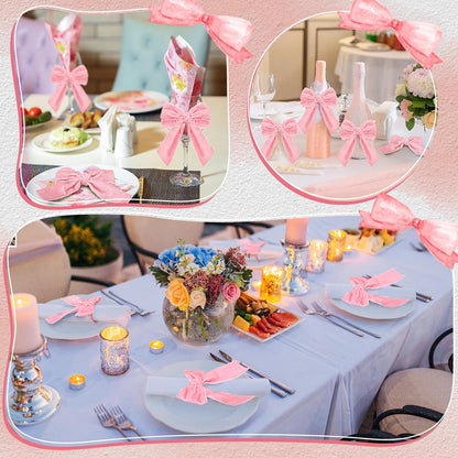 12 Pcs Bow Napkin Rings Set, Velvet Napkin Holders Buckles 4 x 4.9 Inch Serviette Rings for Family Dinner, Wedding, Party, Banquet, Table Decorations (Pink)