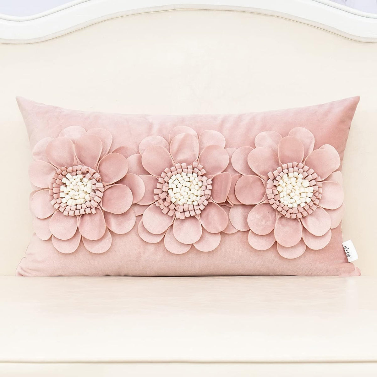 3D Flower Handmade Throw Pillow Cover Decorative Pink Velvet Pillowcase Cushion Cover with Hidden Zipper for Couch Bed Living Room Home Decor 12x20 Inches