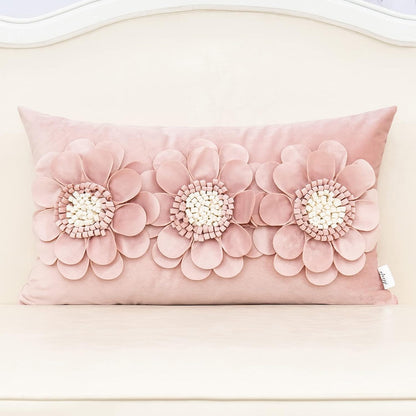 3D Flower Handmade Throw Pillow Cover Decorative Pink Velvet Pillowcase Cushion Cover with Hidden Zipper for Couch Bed Living Room Home Decor 12x20 Inches