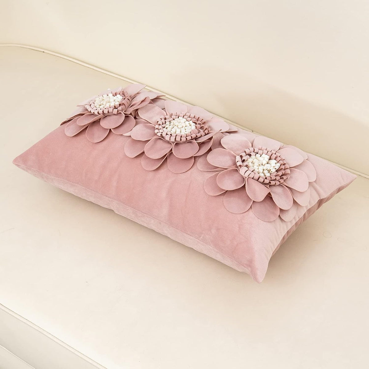 3D Flower Handmade Throw Pillow Cover Decorative Pink Velvet Pillowcase Cushion Cover with Hidden Zipper for Couch Bed Living Room Home Decor 12x20 Inches