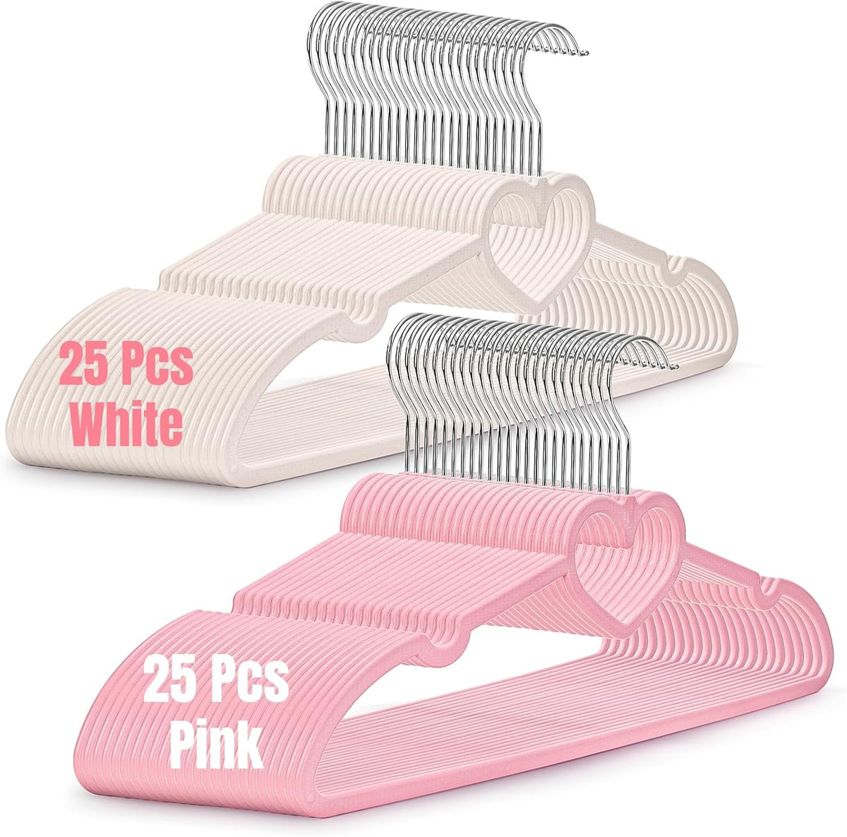 50 Pcs Pink & White Plastic Hangers, Cute Heart Slim Hanger with 360 Degree Swivel Hook, Strong Clothes Hangers with Stackable Hanging Design for Dress, Shirt, Coat