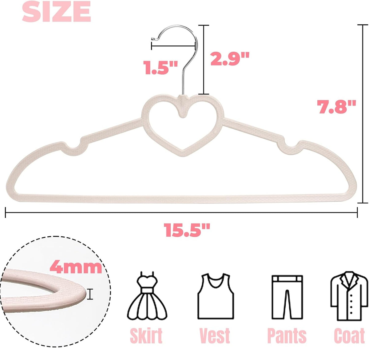 50 Pcs Pink & White Plastic Hangers, Cute Heart Slim Hanger with 360 Degree Swivel Hook, Strong Clothes Hangers with Stackable Hanging Design for Dress, Shirt, Coat