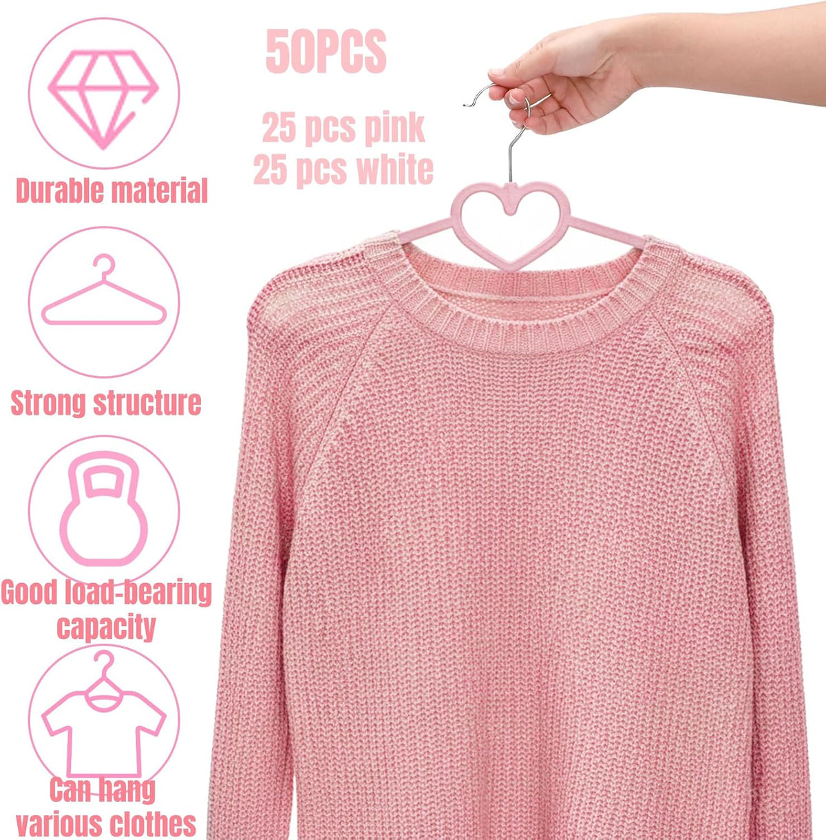 50 Pcs Pink & White Plastic Hangers, Cute Heart Slim Hanger with 360 Degree Swivel Hook, Strong Clothes Hangers with Stackable Hanging Design for Dress, Shirt, Coat