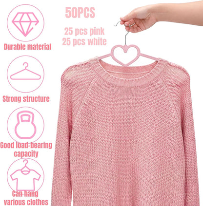 50 Pcs Pink & White Plastic Hangers, Cute Heart Slim Hanger with 360 Degree Swivel Hook, Strong Clothes Hangers with Stackable Hanging Design for Dress, Shirt, Coat