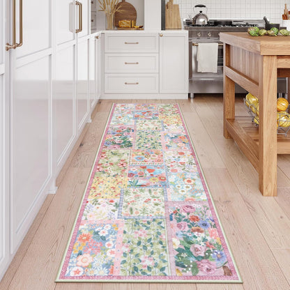 Pink 2 x 6 Runner Rug for Hallways, Patchwork Washable Rug for Bedroom, Non Slip Pink Runner Rugs for Entryway Bathroom Hardwood Floor 6ft, Neutral Low Pile Kitchen Floor Rugs