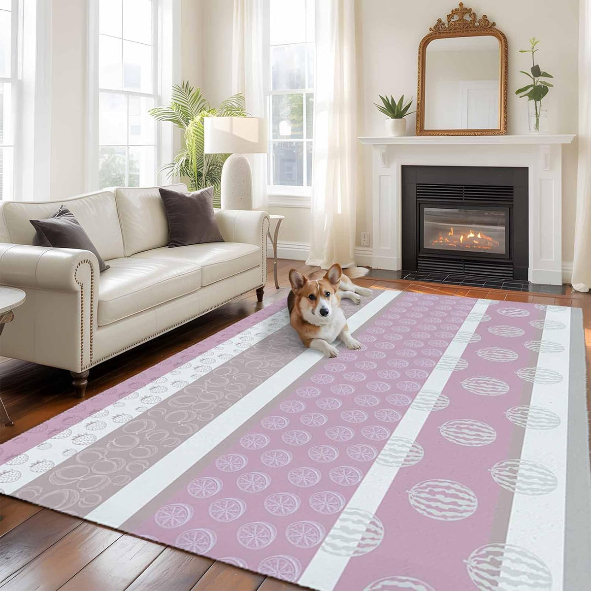 5'x8' Area Rug for Living Room, Farm Fruits Washable Non-Slip Rugs for Bedroom Nursery Dining Room, Watermelon Lemons Peach Pink Grey Striped Low-Pile Kitchen Carpet Large Entryway Rugs