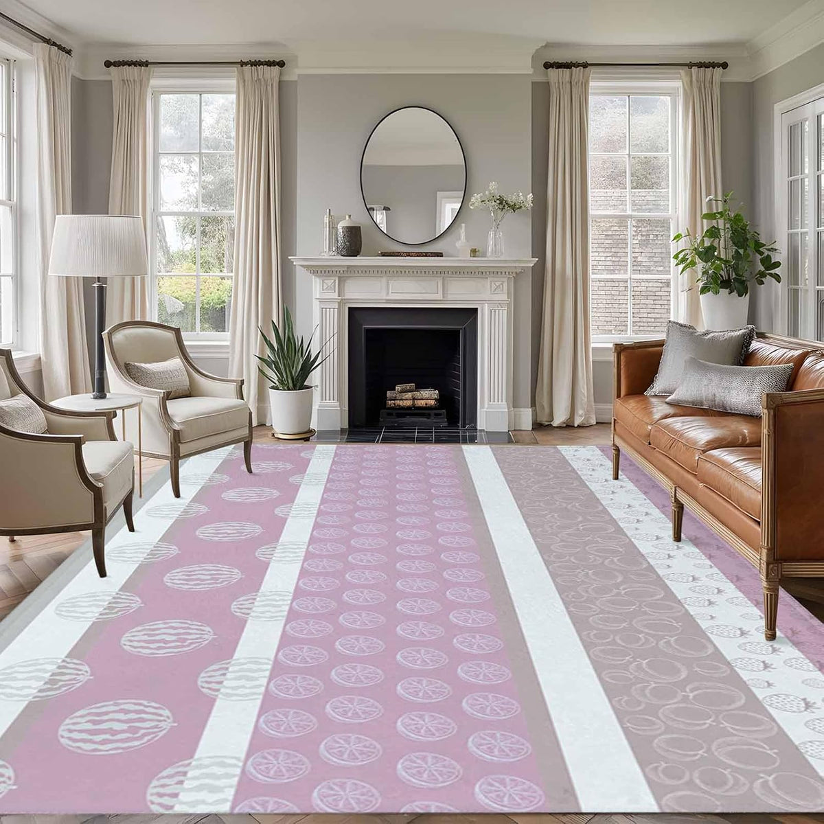 5'x8' Area Rug for Living Room, Farm Fruits Washable Non-Slip Rugs for Bedroom Nursery Dining Room, Watermelon Lemons Peach Pink Grey Striped Low-Pile Kitchen Carpet Large Entryway Rugs