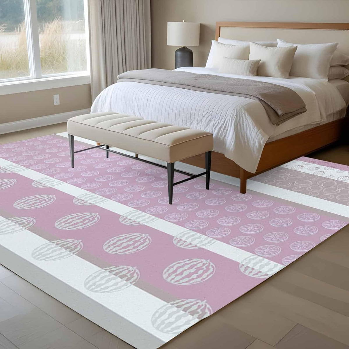5'x8' Area Rug for Living Room, Farm Fruits Washable Non-Slip Rugs for Bedroom Nursery Dining Room, Watermelon Lemons Peach Pink Grey Striped Low-Pile Kitchen Carpet Large Entryway Rugs