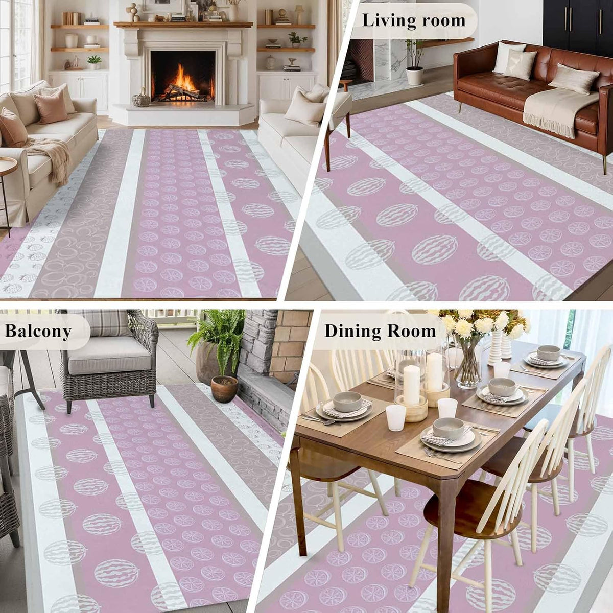 5'x8' Area Rug for Living Room, Farm Fruits Washable Non-Slip Rugs for Bedroom Nursery Dining Room, Watermelon Lemons Peach Pink Grey Striped Low-Pile Kitchen Carpet Large Entryway Rugs