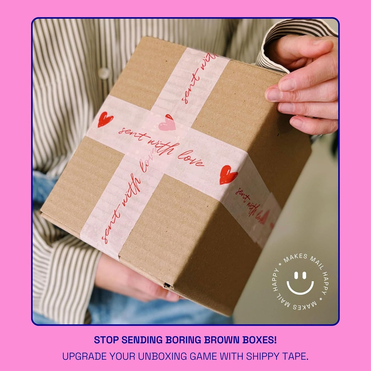 Cute Decorative Packing Tape - Sent with Love Handwritten Script Pink Red Heart, Fun Cute Designer Printed Packaging and Shipping Box Tape, 1.88" x 110 Yards (330 feet)