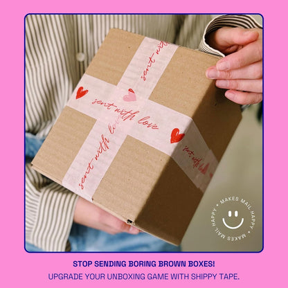 Cute Decorative Packing Tape - Sent with Love Handwritten Script Pink Red Heart, Fun Cute Designer Printed Packaging and Shipping Box Tape, 1.88" x 110 Yards (330 feet)