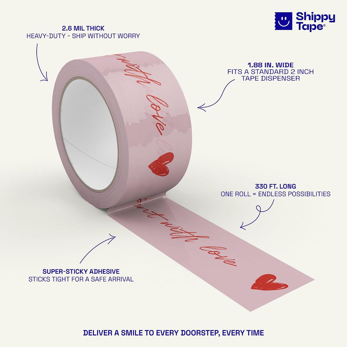 Cute Decorative Packing Tape - Sent with Love Handwritten Script Pink Red Heart, Fun Cute Designer Printed Packaging and Shipping Box Tape, 1.88" x 110 Yards (330 feet)
