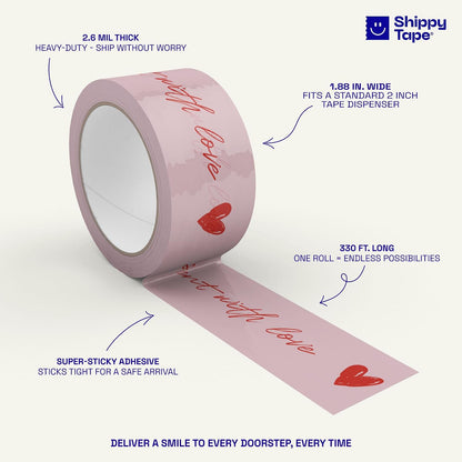 Cute Decorative Packing Tape - Sent with Love Handwritten Script Pink Red Heart, Fun Cute Designer Printed Packaging and Shipping Box Tape, 1.88" x 110 Yards (330 feet)
