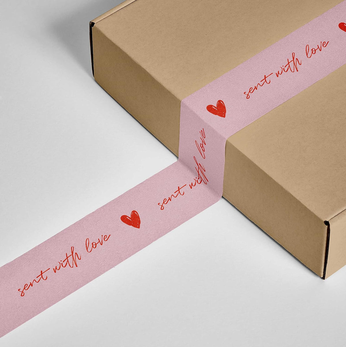 Cute Decorative Packing Tape - Sent with Love Handwritten Script Pink Red Heart, Fun Cute Designer Printed Packaging and Shipping Box Tape, 1.88" x 110 Yards (330 feet)