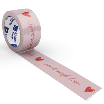 Cute Decorative Packing Tape - Sent with Love Handwritten Script Pink Red Heart, Fun Cute Designer Printed Packaging and Shipping Box Tape, 1.88" x 110 Yards (330 feet)