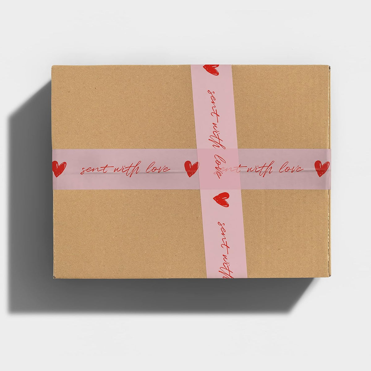 Cute Decorative Packing Tape - Sent with Love Handwritten Script Pink Red Heart, Fun Cute Designer Printed Packaging and Shipping Box Tape, 1.88" x 110 Yards (330 feet)