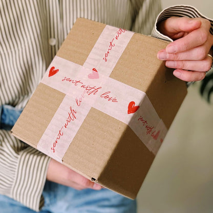 Cute Decorative Packing Tape - Sent with Love Handwritten Script Pink Red Heart, Fun Cute Designer Printed Packaging and Shipping Box Tape, 1.88" x 110 Yards (330 feet)