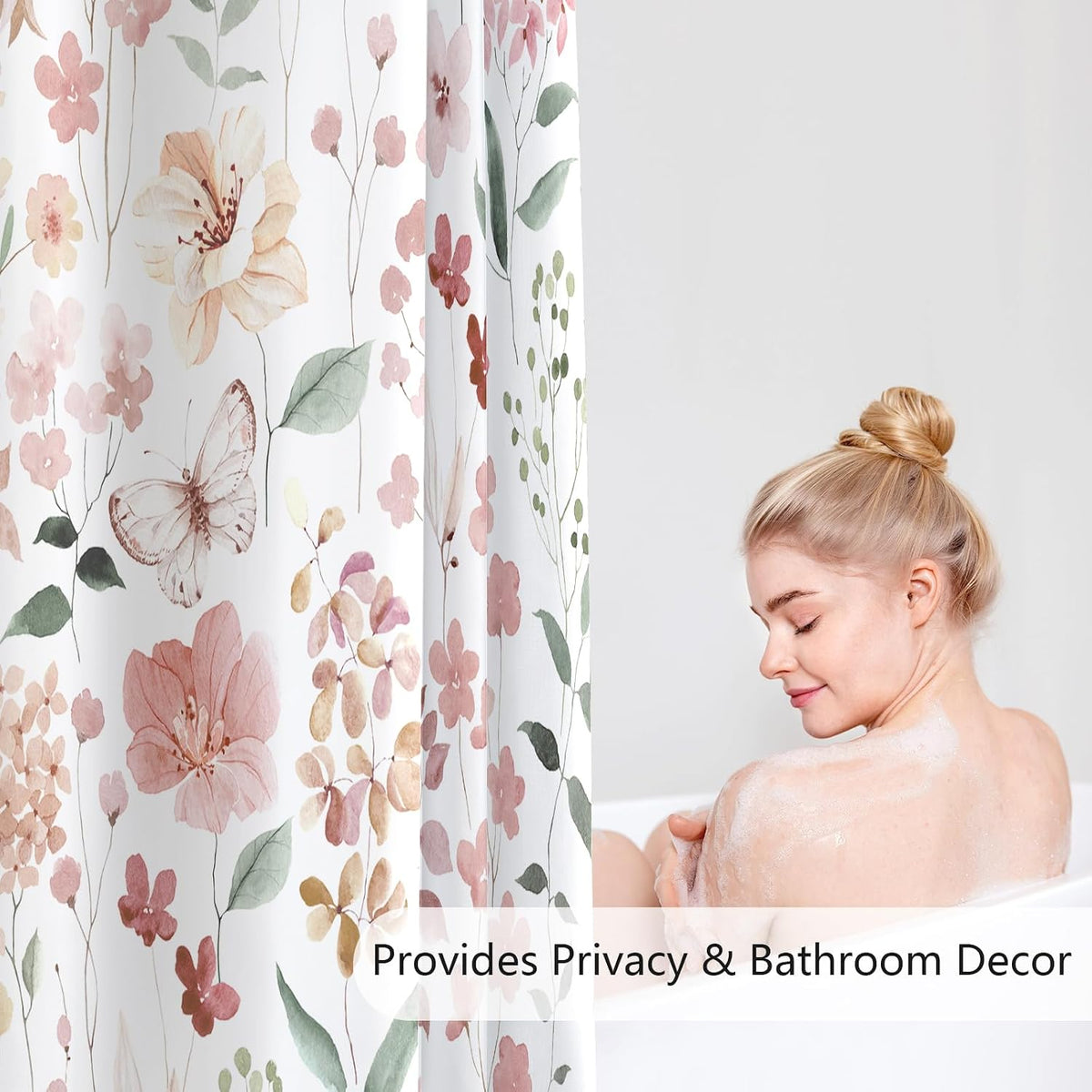 Coral Pink Cute Floral Botanical Fabric Shower Curtains for Bathroom 72x72