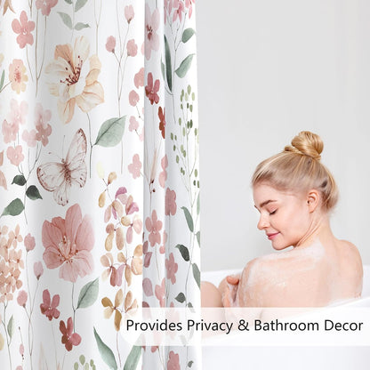 Coral Pink Cute Floral Botanical Fabric Shower Curtains for Bathroom 72x72