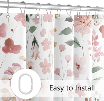 Coral Pink Cute Floral Botanical Fabric Shower Curtains for Bathroom 72x72