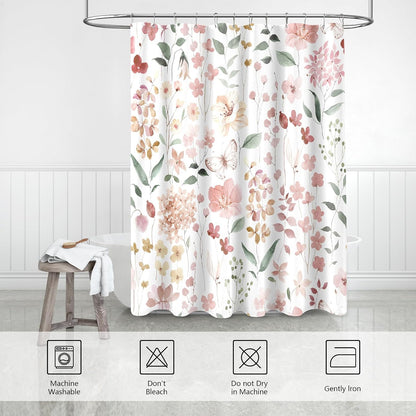 Coral Pink Cute Floral Botanical Fabric Shower Curtains for Bathroom 72x72