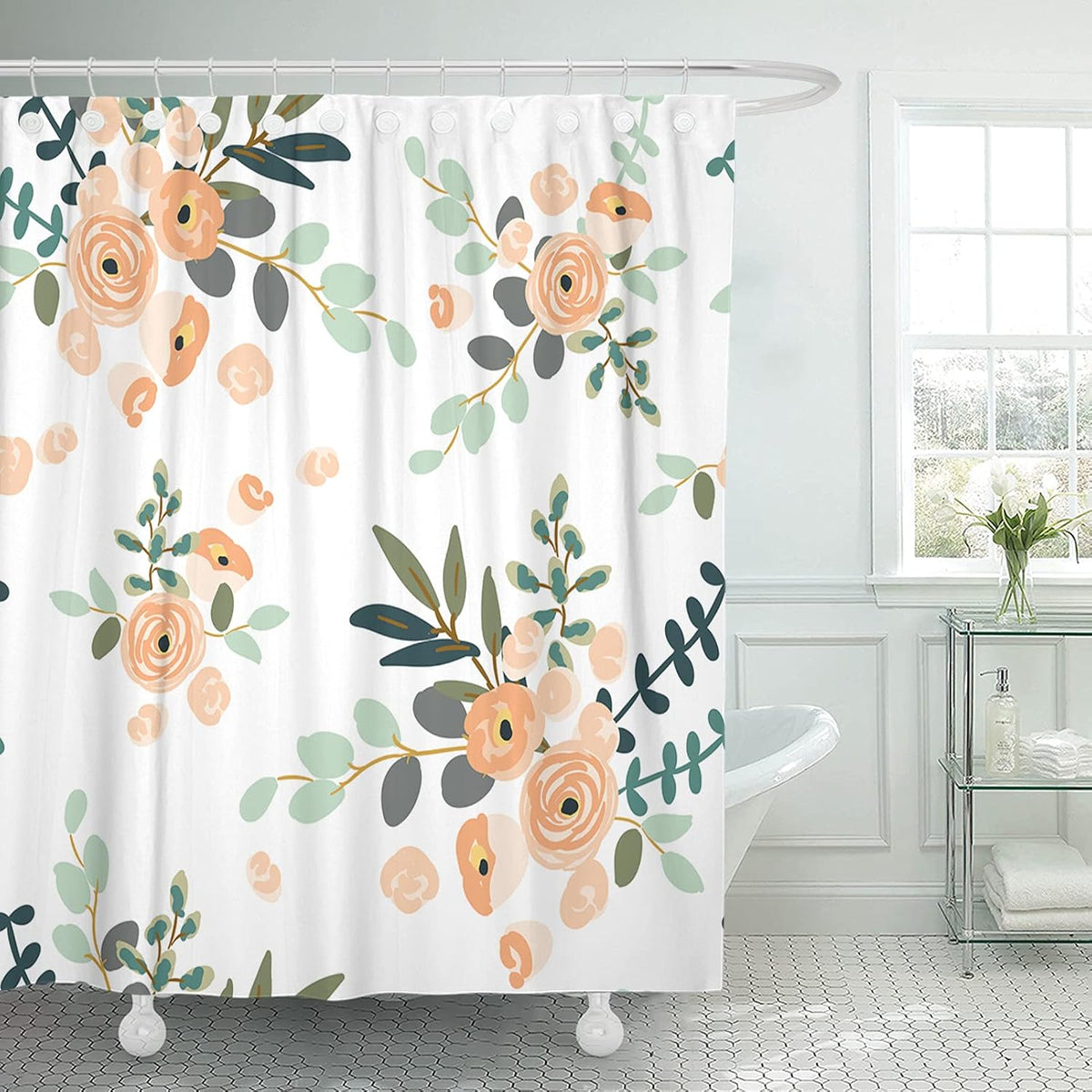 Shower Curtain, for Bathroom Decor 72 x 72 Inch, Floral Rose Peach