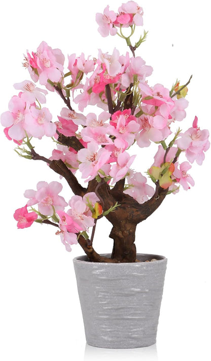 Artificial Pink Cherry Blossom Potted,13" Tall Fake Bonsai Flowers Tree,Lifelike Floral Faux Plants,Realistic Decorative Flowers Potted,Spring Decoration Home Office Desk Decor