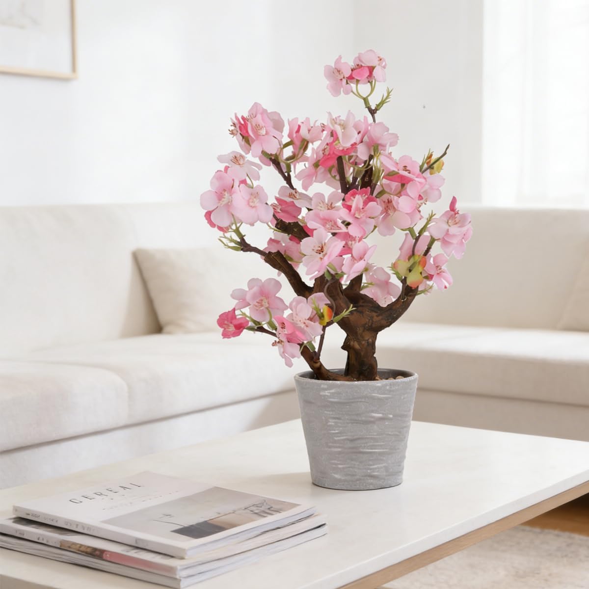 Artificial Pink Cherry Blossom Potted,13" Tall Fake Bonsai Flowers Tree,Lifelike Floral Faux Plants,Realistic Decorative Flowers Potted,Spring Decoration Home Office Desk Decor