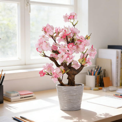 Artificial Pink Cherry Blossom Potted,13" Tall Fake Bonsai Flowers Tree,Lifelike Floral Faux Plants,Realistic Decorative Flowers Potted,Spring Decoration Home Office Desk Decor