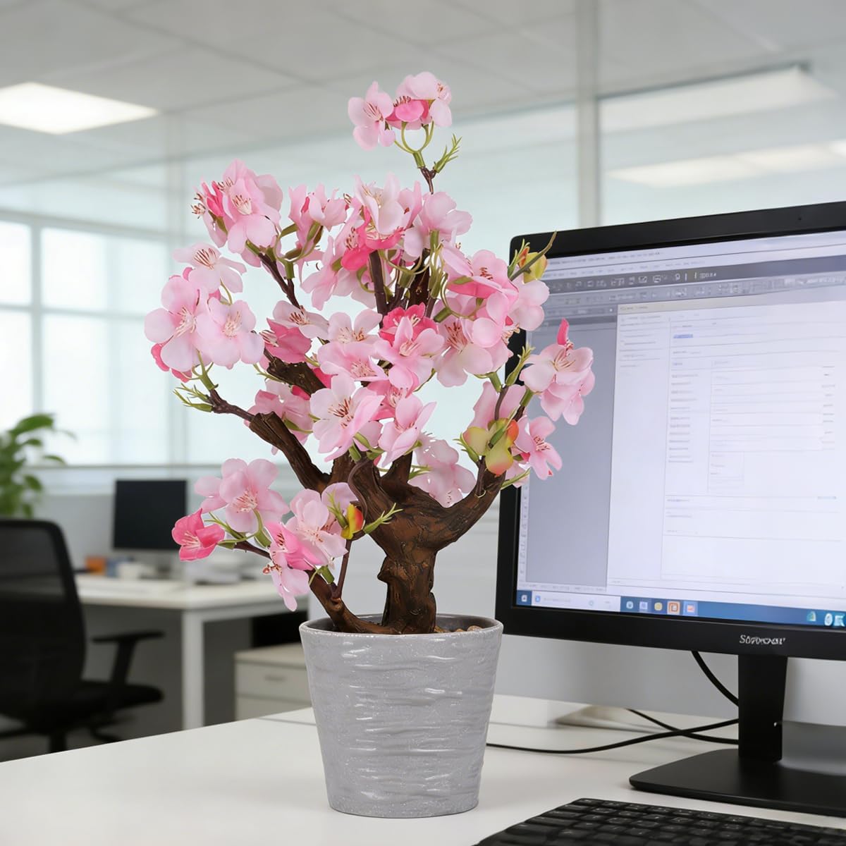 Artificial Pink Cherry Blossom Potted,13" Tall Fake Bonsai Flowers Tree,Lifelike Floral Faux Plants,Realistic Decorative Flowers Potted,Spring Decoration Home Office Desk Decor