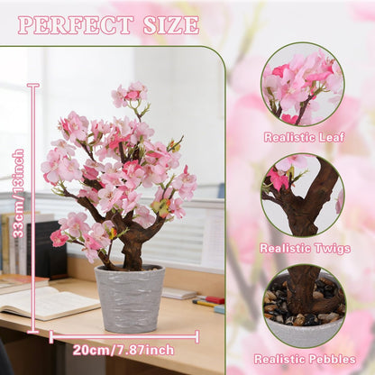 Artificial Pink Cherry Blossom Potted,13" Tall Fake Bonsai Flowers Tree,Lifelike Floral Faux Plants,Realistic Decorative Flowers Potted,Spring Decoration Home Office Desk Decor