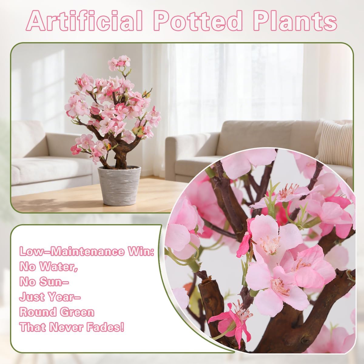 Artificial Pink Cherry Blossom Potted,13" Tall Fake Bonsai Flowers Tree,Lifelike Floral Faux Plants,Realistic Decorative Flowers Potted,Spring Decoration Home Office Desk Decor