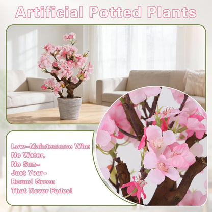 Artificial Pink Cherry Blossom Potted,13" Tall Fake Bonsai Flowers Tree,Lifelike Floral Faux Plants,Realistic Decorative Flowers Potted,Spring Decoration Home Office Desk Decor