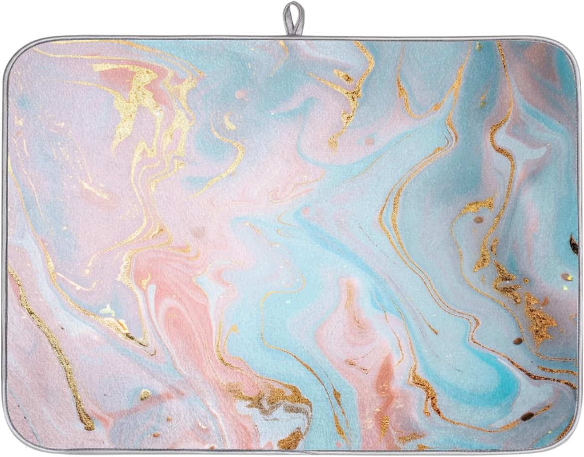 Light Blue Pink Gold Marble Dish Drying Mat, 18"x24", Absorbent Drying Mat for Kitchen Counter, Dish Drying Pad for Dishes Utensils Pots and Pans