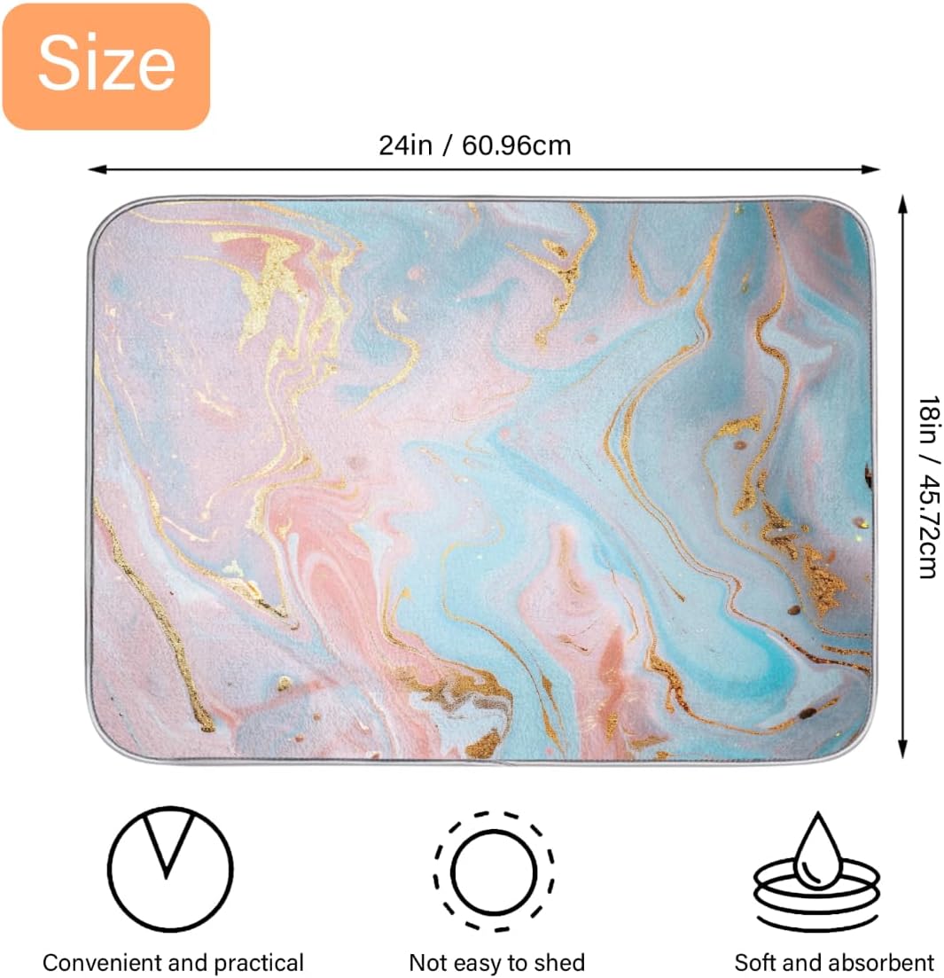 Light Blue Pink Gold Marble Dish Drying Mat, 18"x24", Absorbent Drying Mat for Kitchen Counter, Dish Drying Pad for Dishes Utensils Pots and Pans
