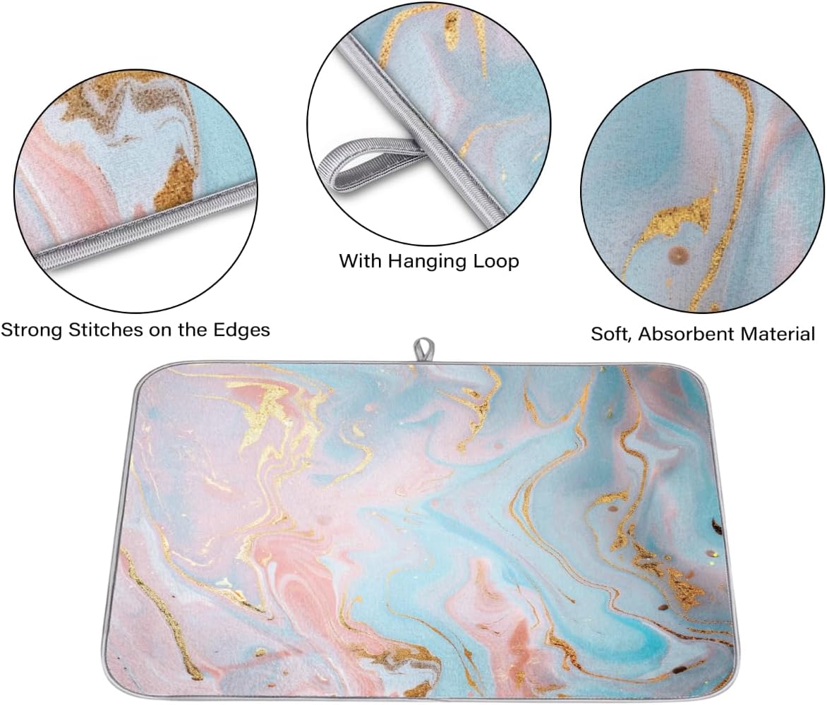 Light Blue Pink Gold Marble Dish Drying Mat, 18"x24", Absorbent Drying Mat for Kitchen Counter, Dish Drying Pad for Dishes Utensils Pots and Pans