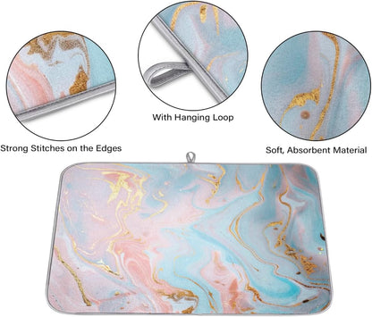 Light Blue Pink Gold Marble Dish Drying Mat, 18"x24", Absorbent Drying Mat for Kitchen Counter, Dish Drying Pad for Dishes Utensils Pots and Pans