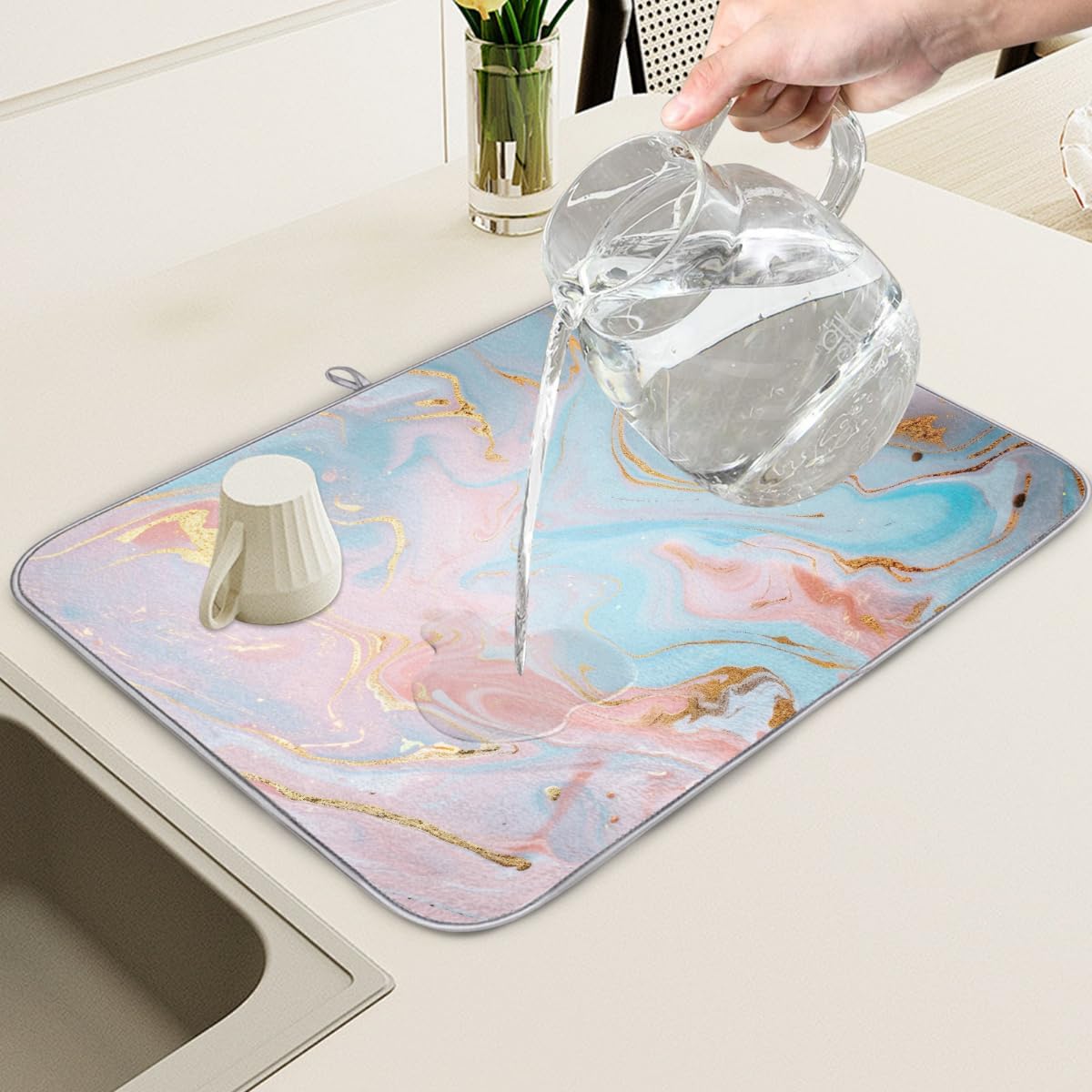 Light Blue Pink Gold Marble Dish Drying Mat, 18"x24", Absorbent Drying Mat for Kitchen Counter, Dish Drying Pad for Dishes Utensils Pots and Pans