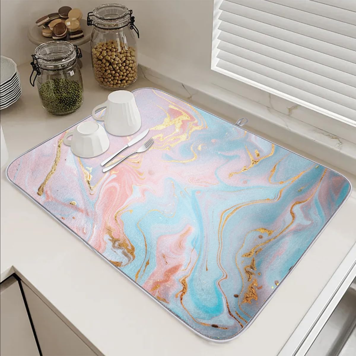 Light Blue Pink Gold Marble Dish Drying Mat, 18"x24", Absorbent Drying Mat for Kitchen Counter, Dish Drying Pad for Dishes Utensils Pots and Pans