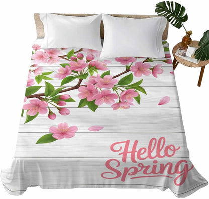 Flat Sheet Only Bedding Top Sheet Full Hello Spring Peach Blossom Floral Soft Microfiber Breathable Bed Sheets, Pink Flower Rustic Wood Grain Flat Sheets for Bedroom Sofa Men/Women