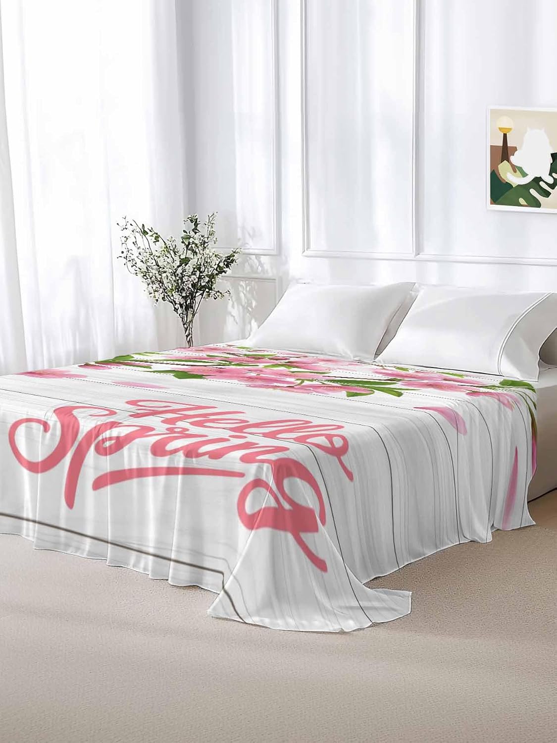 Flat Sheet Only Bedding Top Sheet Full Hello Spring Peach Blossom Floral Soft Microfiber Breathable Bed Sheets, Pink Flower Rustic Wood Grain Flat Sheets for Bedroom Sofa Men/Women