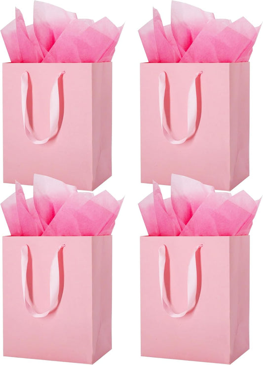 4 Pcs Medium Pink Gift Bags: 8x5x10 Inches Gift bags With Handles Party Favor Bags With 8 Tissue Paper For Party,Birthday,Baby Shower,Wedding（Pink）