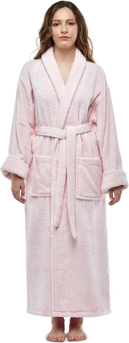 Womens Terry Cotton Bathrobe, Ankle Length Long Women's Bath Robe