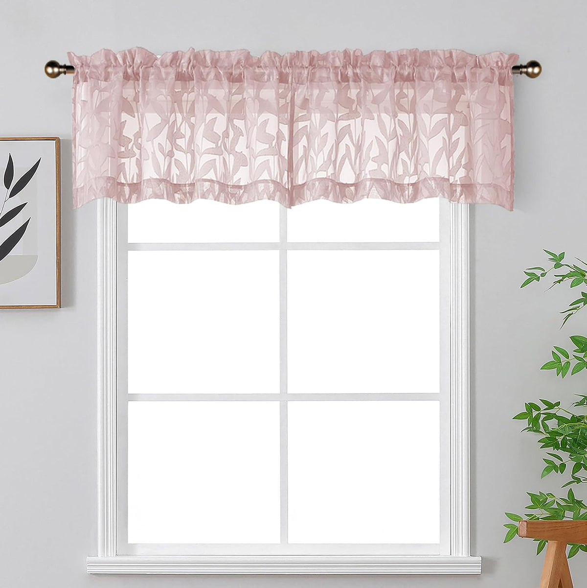 Leyna 14 Inch Blush Pink Valance for Windows 2 PCS Sheer Curtains, Jacquard Leaves Textured Small Kitchen Valances Curtain for Living Room Bedroom, Modern Rod Pocket Drapes, 40Wx14L Inch