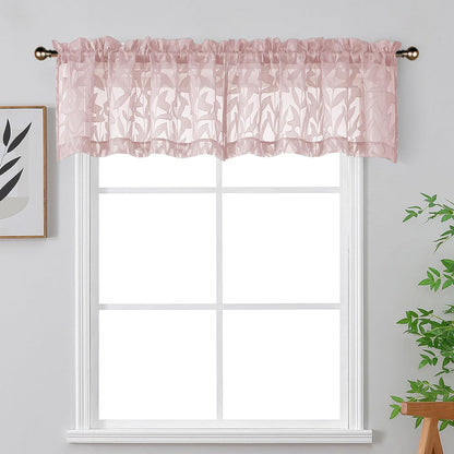 Leyna 14 Inch Blush Pink Valance for Windows 2 PCS Sheer Curtains, Jacquard Leaves Textured Small Kitchen Valances Curtain for Living Room Bedroom, Modern Rod Pocket Drapes, 40Wx14L Inch