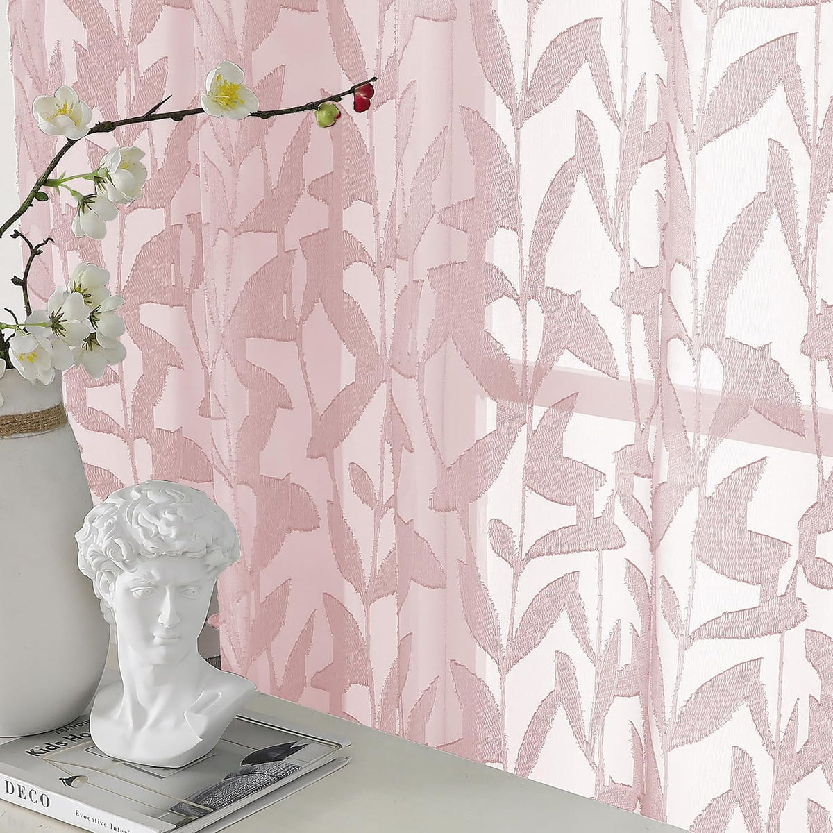 Leyna 14 Inch Blush Pink Valance for Windows 2 PCS Sheer Curtains, Jacquard Leaves Textured Small Kitchen Valances Curtain for Living Room Bedroom, Modern Rod Pocket Drapes, 40Wx14L Inch