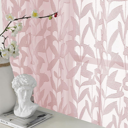 Leyna 14 Inch Blush Pink Valance for Windows 2 PCS Sheer Curtains, Jacquard Leaves Textured Small Kitchen Valances Curtain for Living Room Bedroom, Modern Rod Pocket Drapes, 40Wx14L Inch
