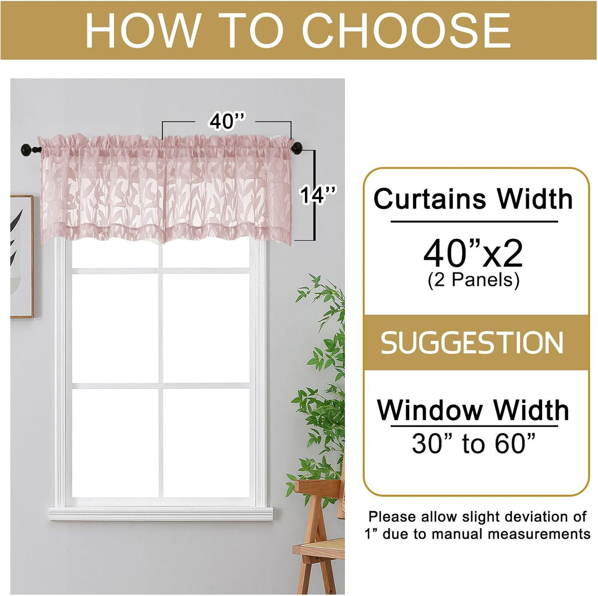 Leyna 14 Inch Blush Pink Valance for Windows 2 PCS Sheer Curtains, Jacquard Leaves Textured Small Kitchen Valances Curtain for Living Room Bedroom, Modern Rod Pocket Drapes, 40Wx14L Inch