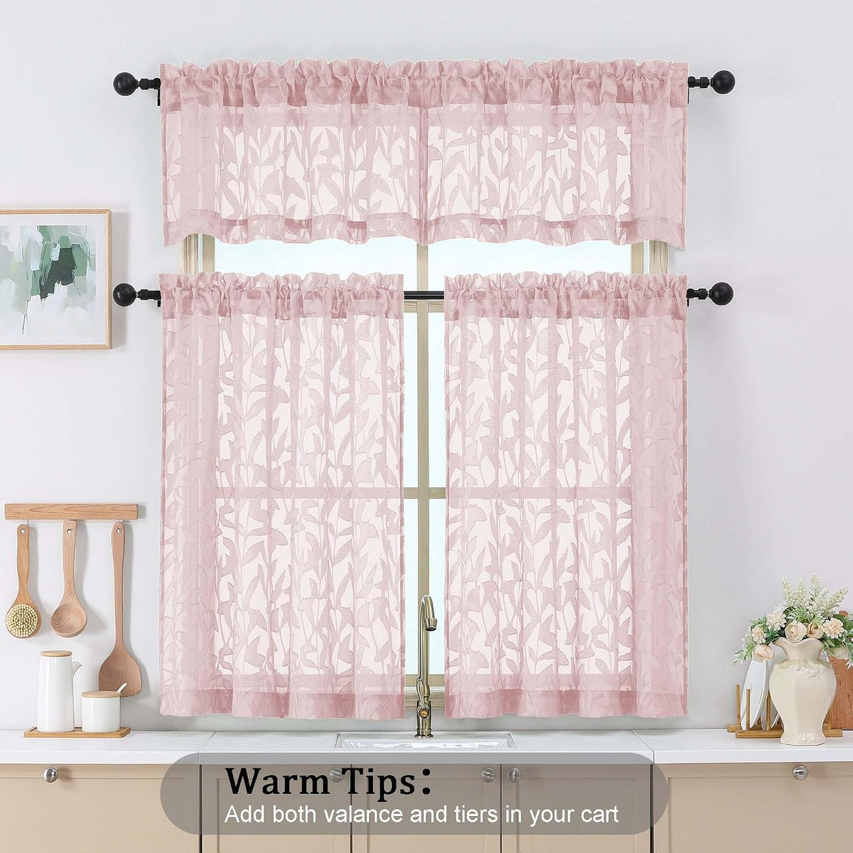 Leyna 14 Inch Blush Pink Valance for Windows 2 PCS Sheer Curtains, Jacquard Leaves Textured Small Kitchen Valances Curtain for Living Room Bedroom, Modern Rod Pocket Drapes, 40Wx14L Inch