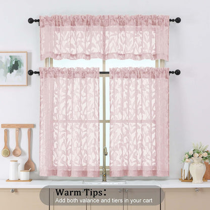 Leyna 14 Inch Blush Pink Valance for Windows 2 PCS Sheer Curtains, Jacquard Leaves Textured Small Kitchen Valances Curtain for Living Room Bedroom, Modern Rod Pocket Drapes, 40Wx14L Inch
